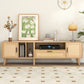 Rattan TV Stand with 2 Cabinets & 2 Open Shelves, Rattan-inspired Media Console Table for TVs up to 80'', Entertainment Center with Solid Wood Legs, TV cabinet for Living room, Bedroom, Home Theatre