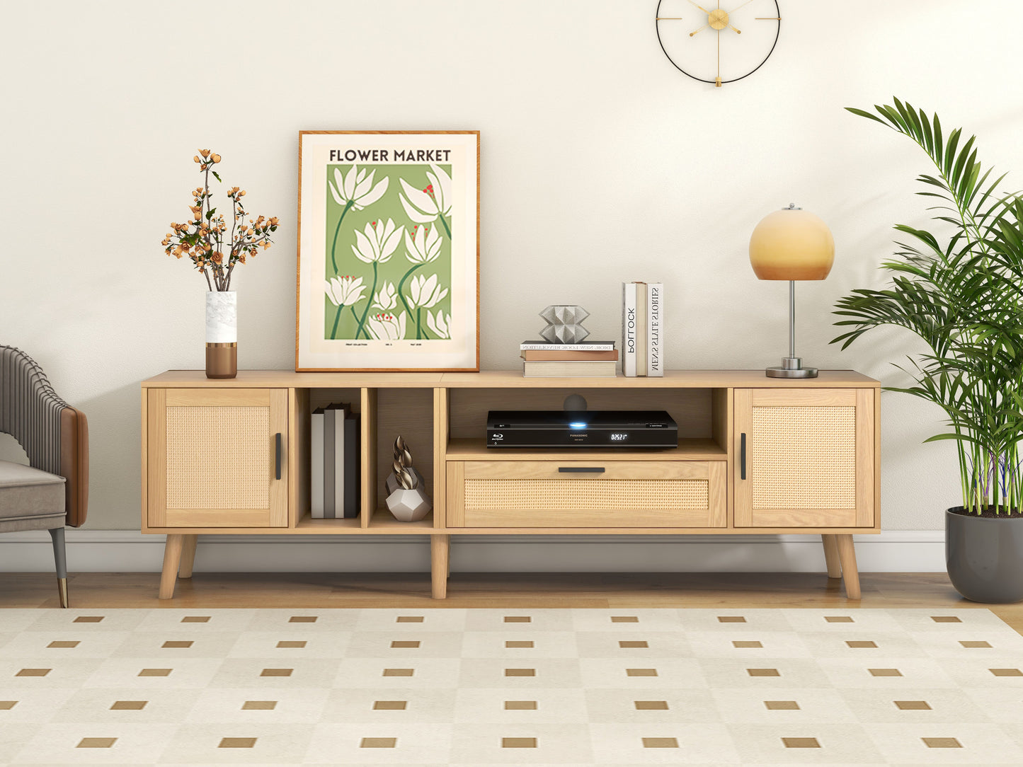 Rattan TV Stand with 2 Cabinets & 2 Open Shelves, Rattan-inspired Media Console Table for TVs up to 80'', Entertainment Center with Solid Wood Legs, TV cabinet for Living room, Bedroom, Home Theatre