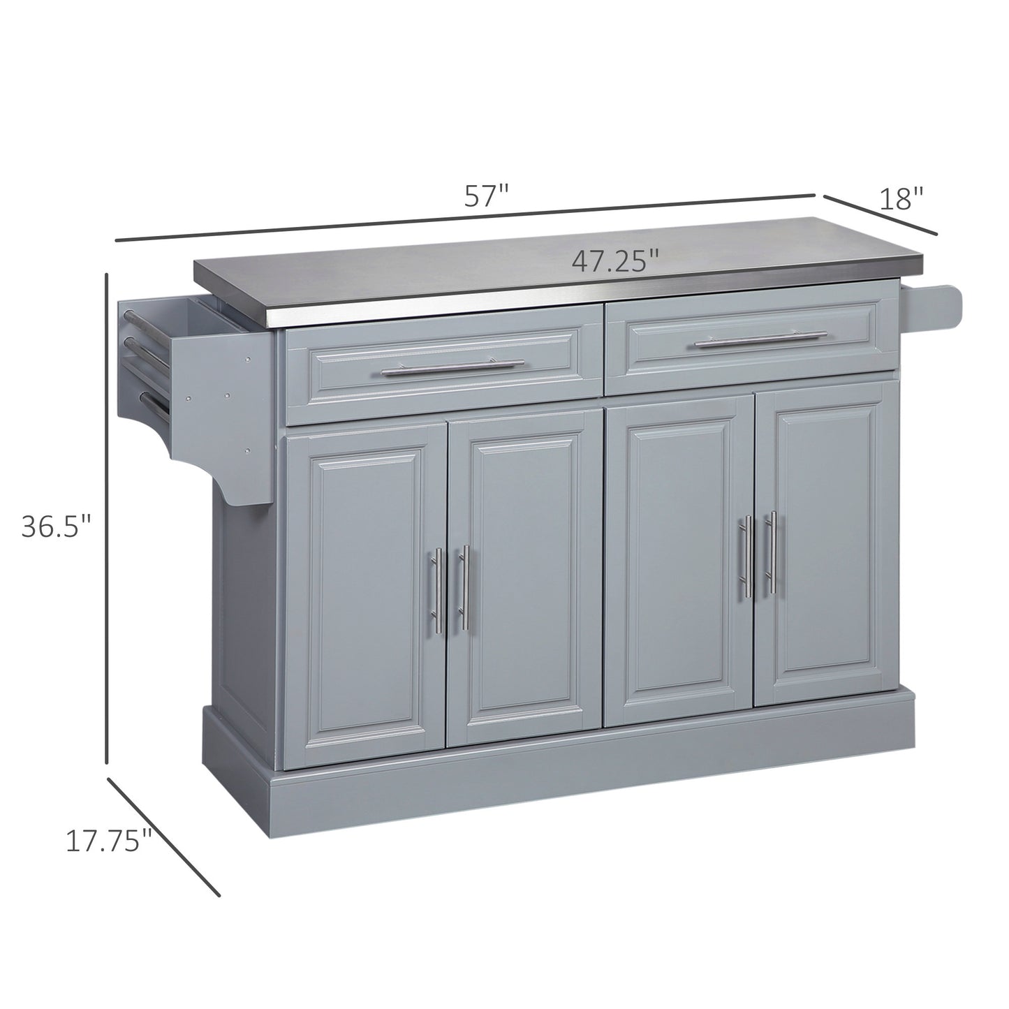 HOMCOM Rolling Kitchen Island with Storage, Portable Kitchen Cart with Stainless Steel Top, 2 Drawers, Spice, Knife and Towel Rack and Cabinets, Gray