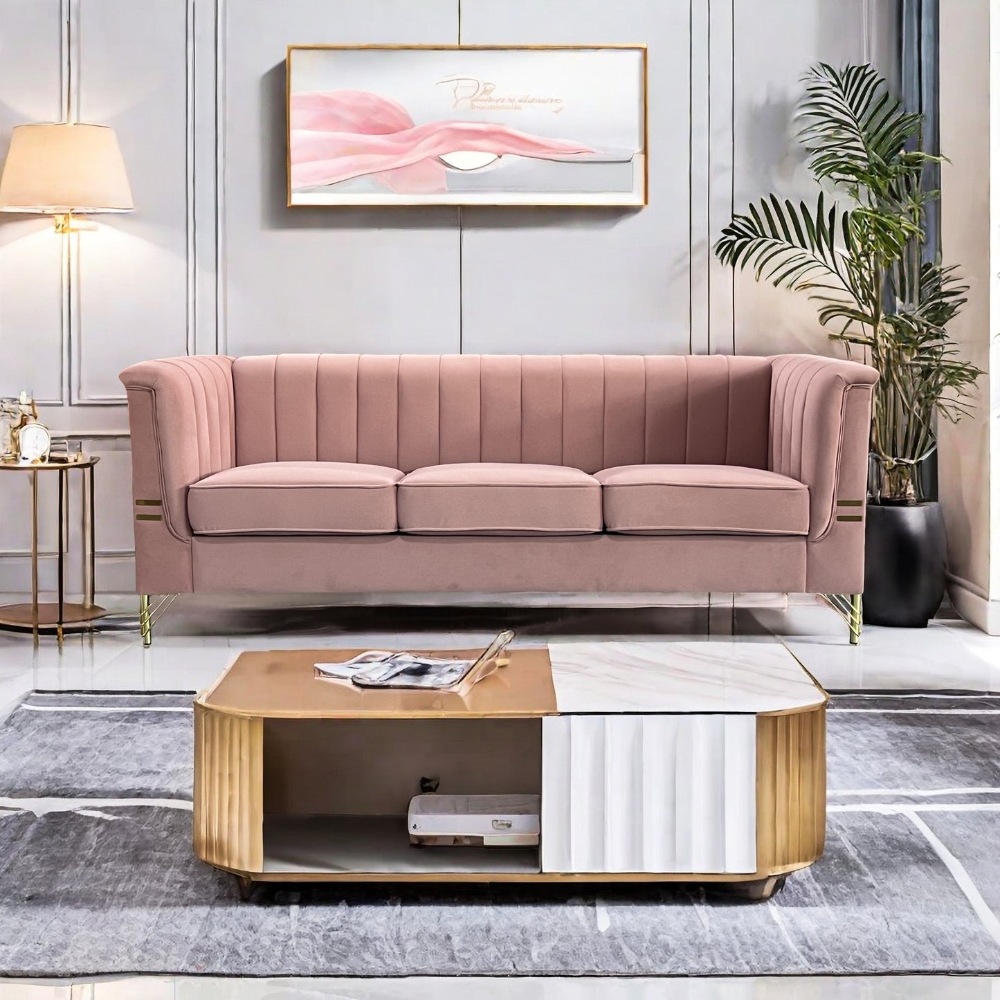 Velvet, 3-Seater Sofa Couch with Golden Metal Legs