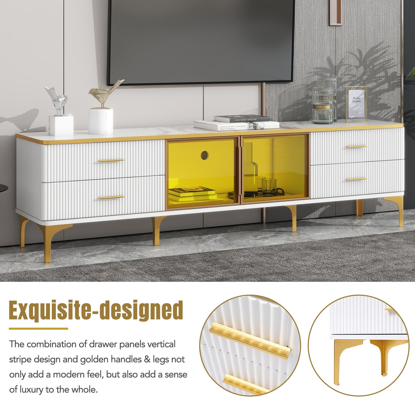 ON-TREND Stylish LED TV Stand with Marble-veined Table Top for TVs Up to 78'', Entertainment Center with Brown Glass Storage Cabinet, Golden Legs & Handles for Living Room, White