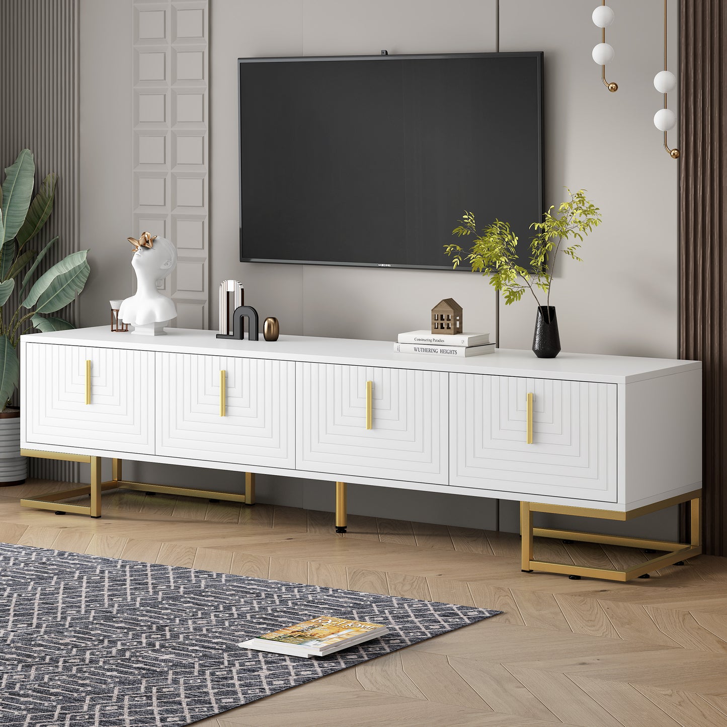 Modern TV Stand with Metal Legs and Gold Handles For Up to 80'' TV's