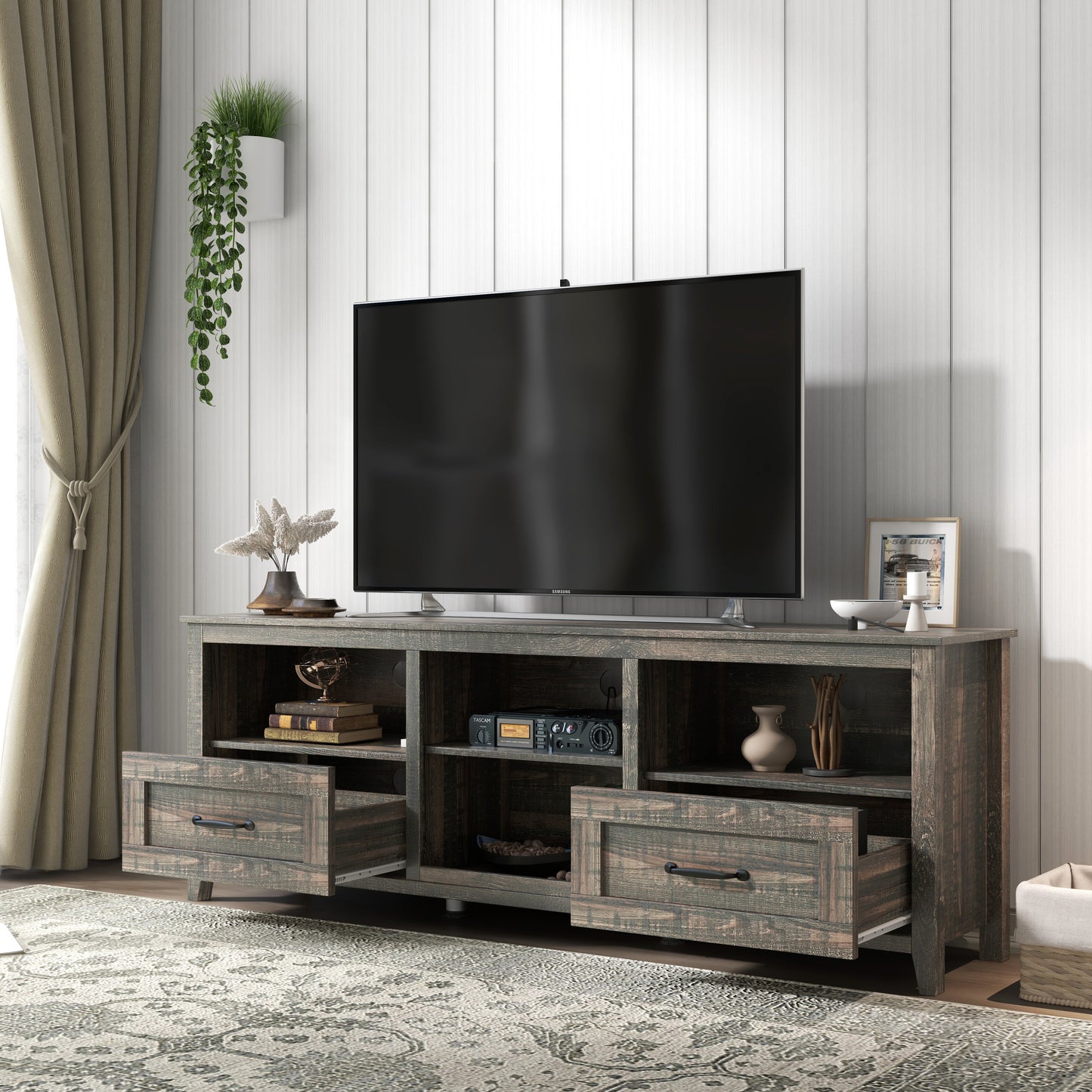 TV Stand with 2 Drawers and 4 High-Capacity Storage Compartment for up to 60" TV's - Black Pine