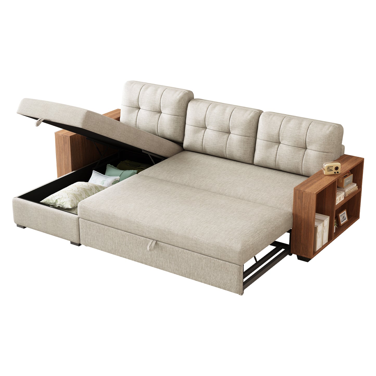 Upholstered Pull Out Sectional Sofa with Storage Chaise