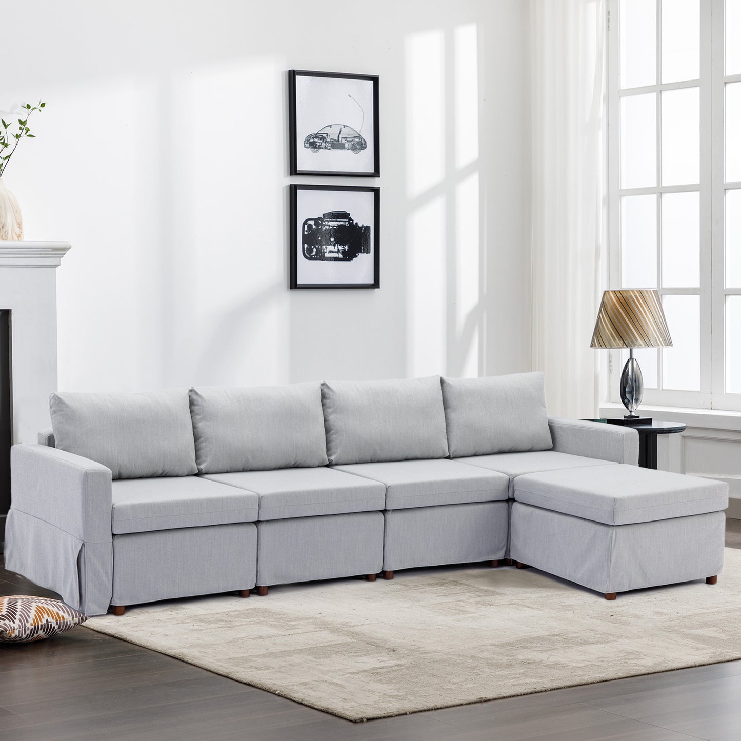 4-Seat Modular Sectional Sofa with Ottoman, Removable Cushions