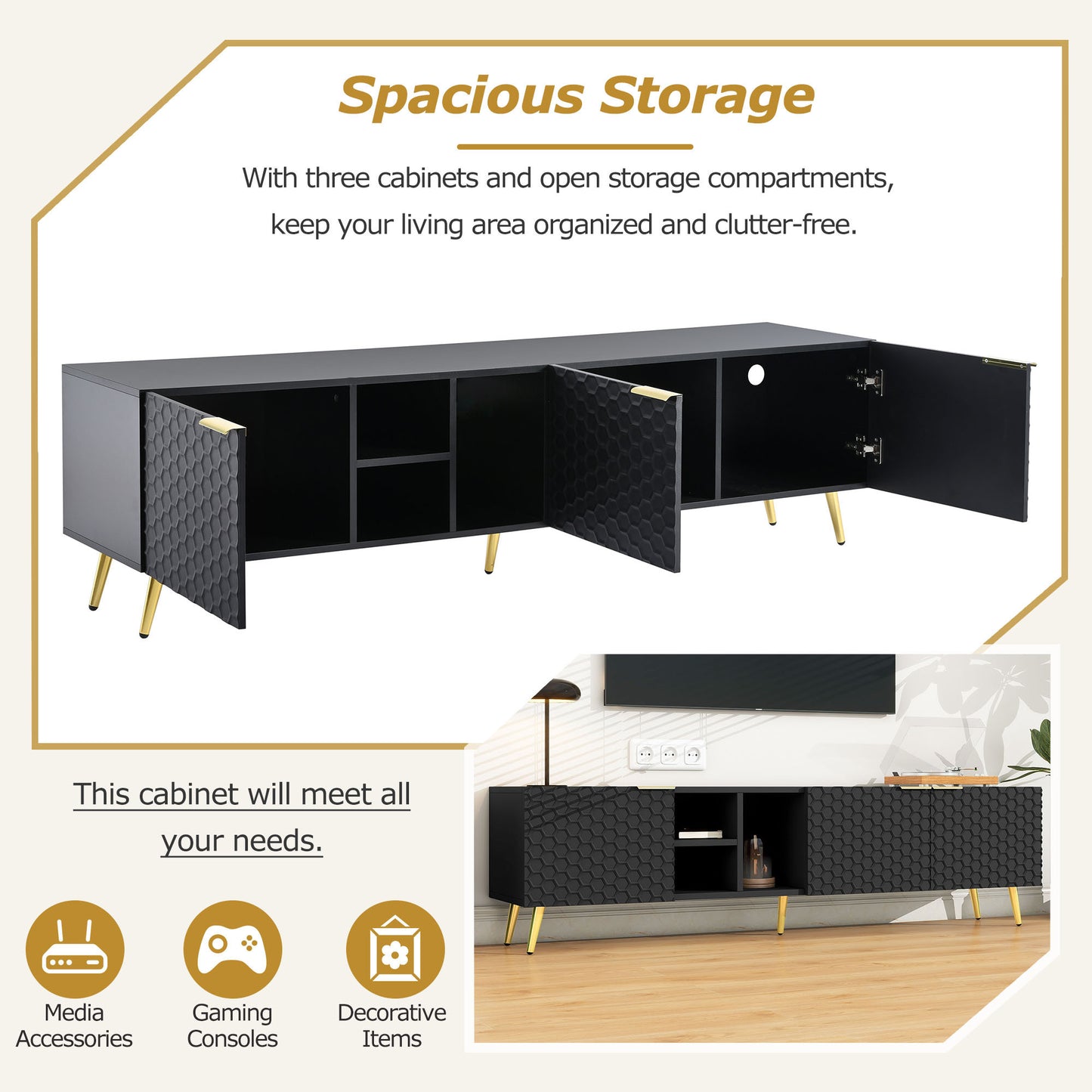 Modern Minimalist Geometric TV Cabinet with Metal Handles and Gold Legs for Up to 80'' TV's