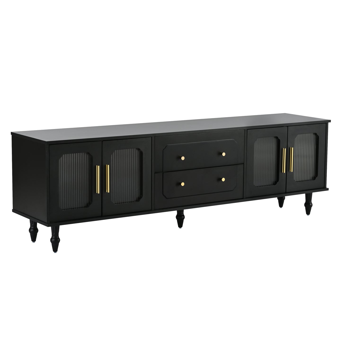 ON-TREND Retro Design TV Stand with Fluted Glass Doors for TVs Up to 78'', Practical Media Console with 2 Drawers and Cabinets, Elegant Entertainment Center for Living Room, Black