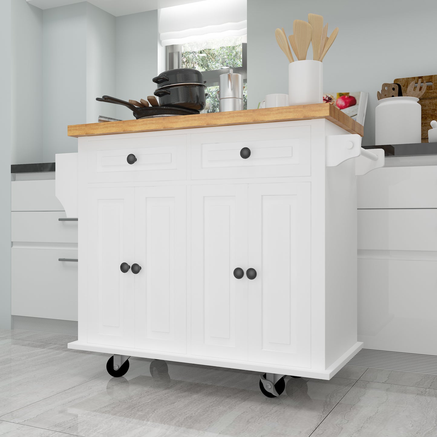 Kitchen Island Cart with Two Storage Cabinets and Two Locking Wheels,43.31 Inch Width,4 Door Cabinet and Two Drawers,Spice Rack, Towel Rack(White)