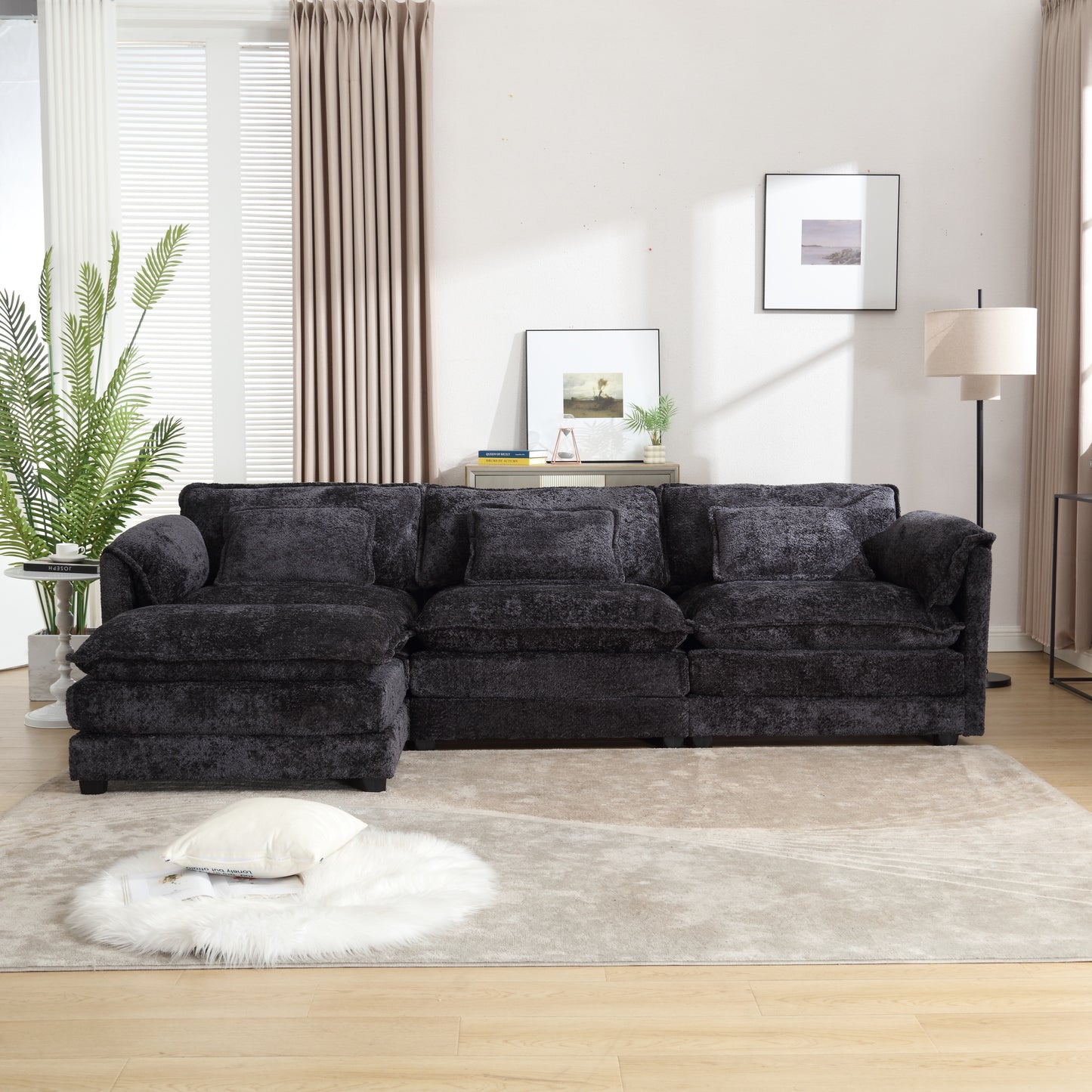 Oversized Boucle Fabric L-Shape Sectional - Movable Pedals with Detachable Armrests