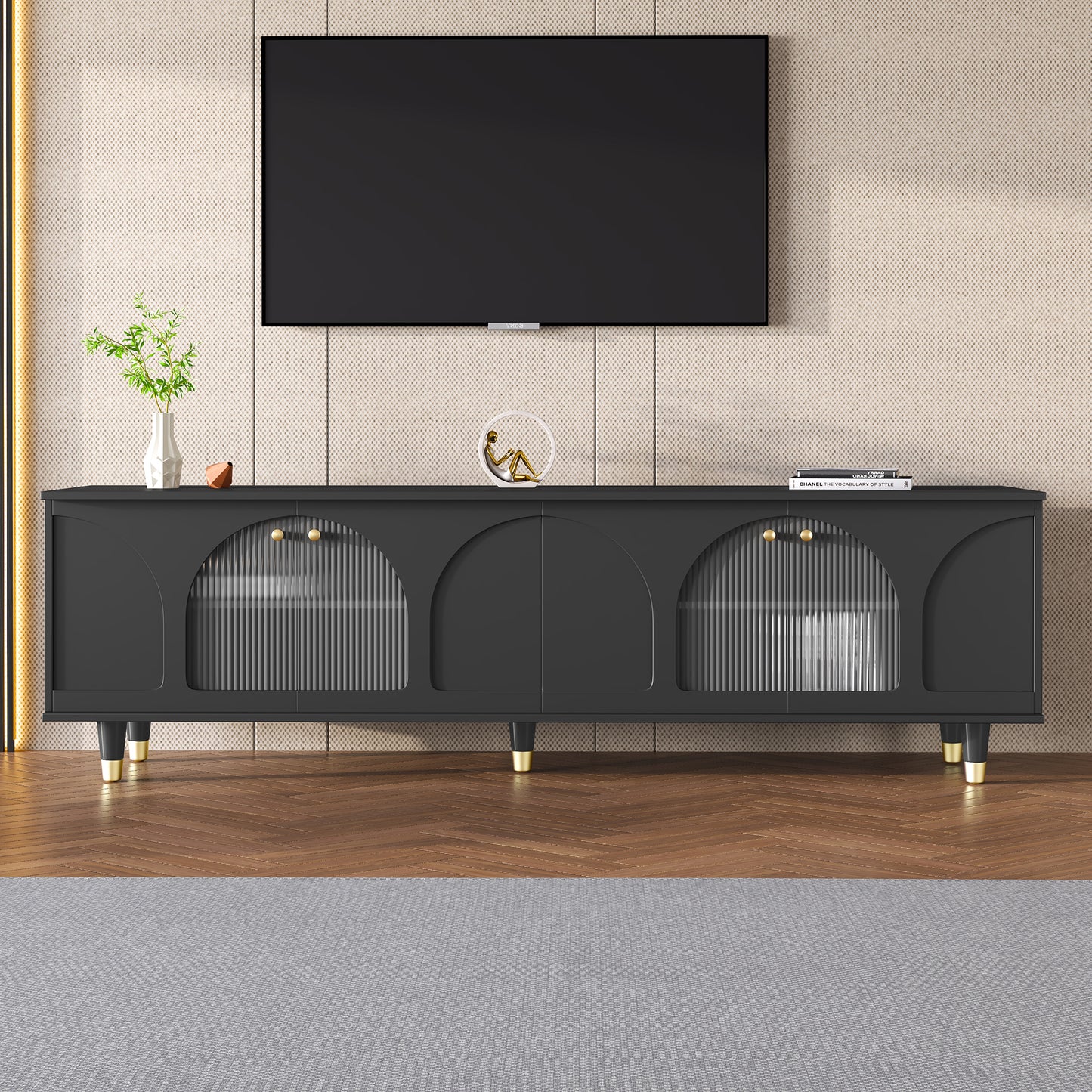 ON-TREND Contemporary TV Stand with Adjustable Shelves for TVs Up to 78'', Stylish Media Console with Gold Handles and Arch Fluted Glass Doors, Delicate Entertainment Center for Living Room, Black