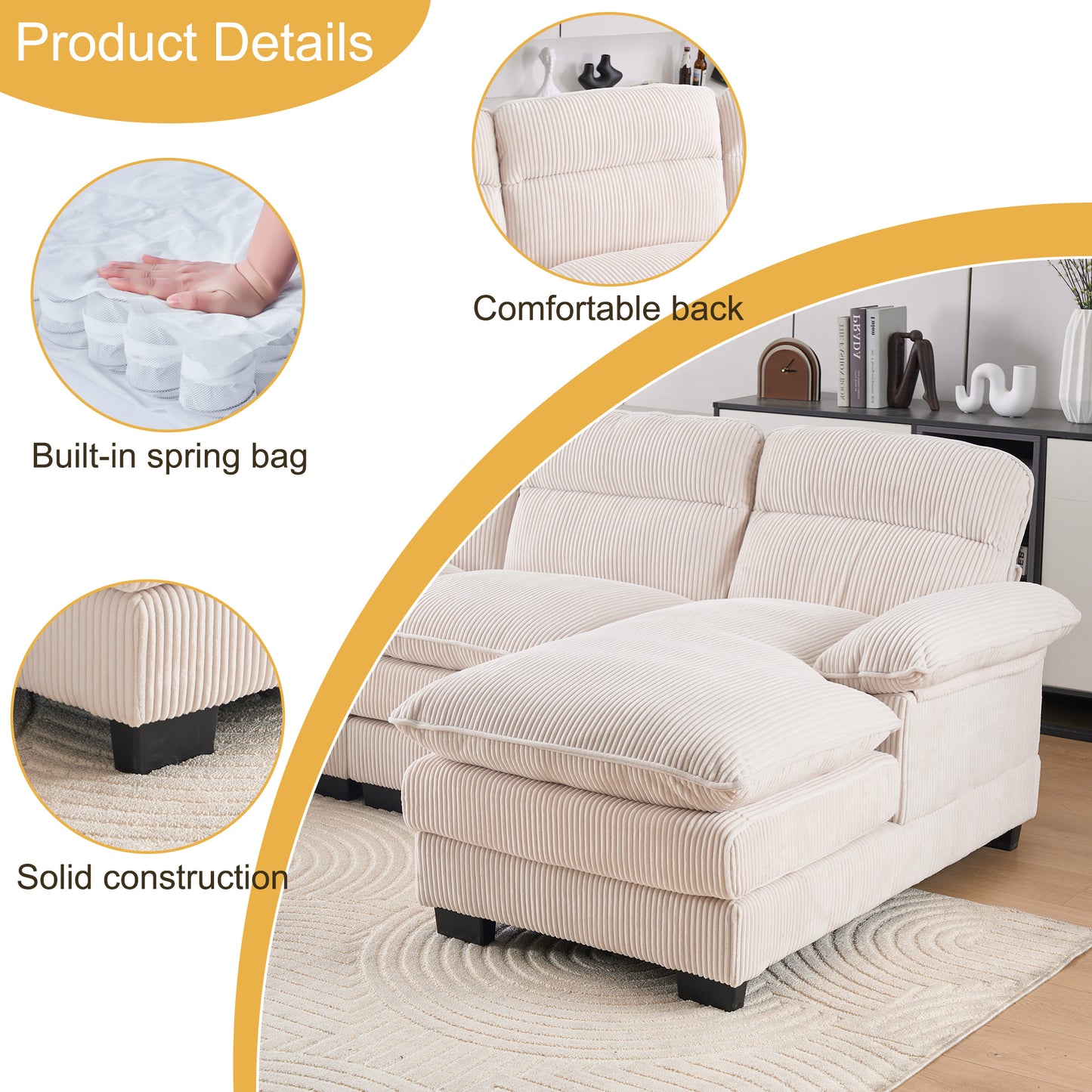 U-Shape Modular Corduroy Sofa - 2 Single Seats & 2 Chaises for Ultimate Comfort