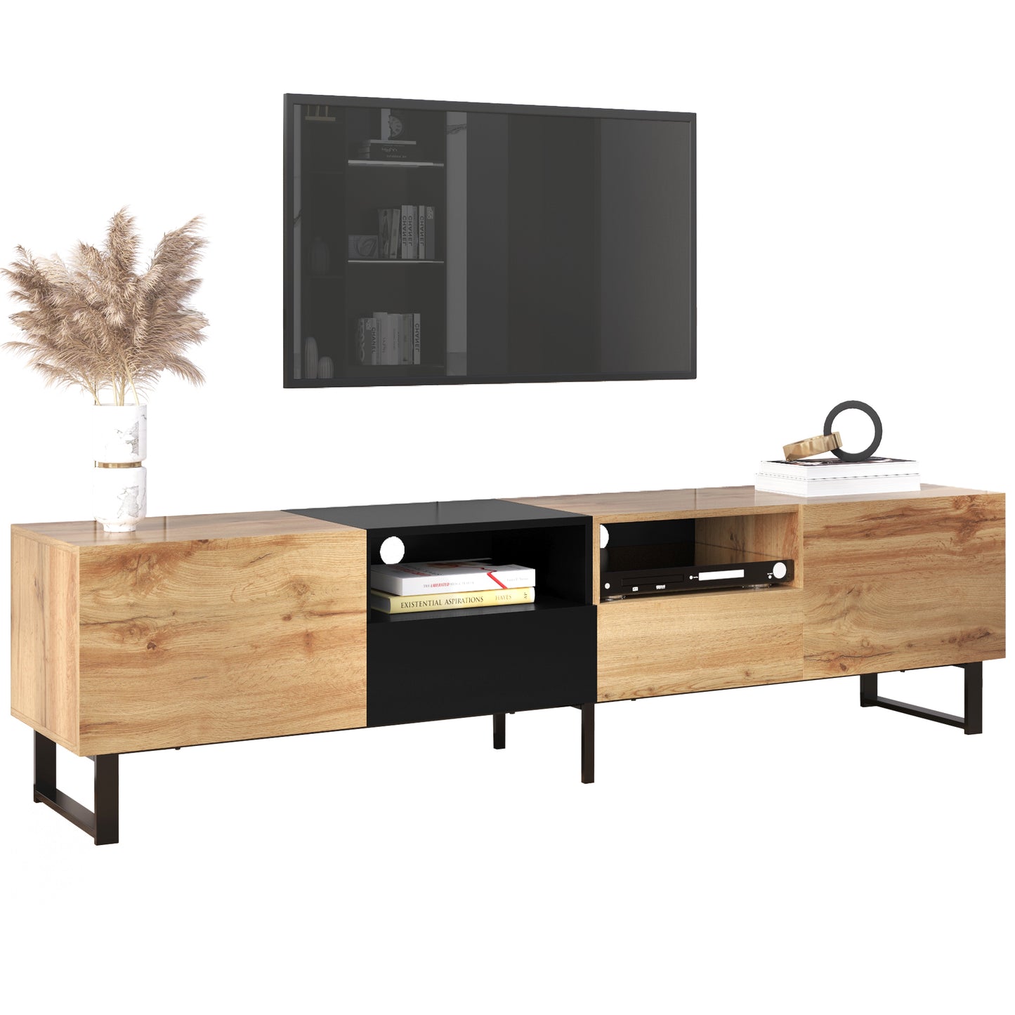 Modern TV Stand with 2 Cabinets & Open Storage Compartment, for TVs up to 85''