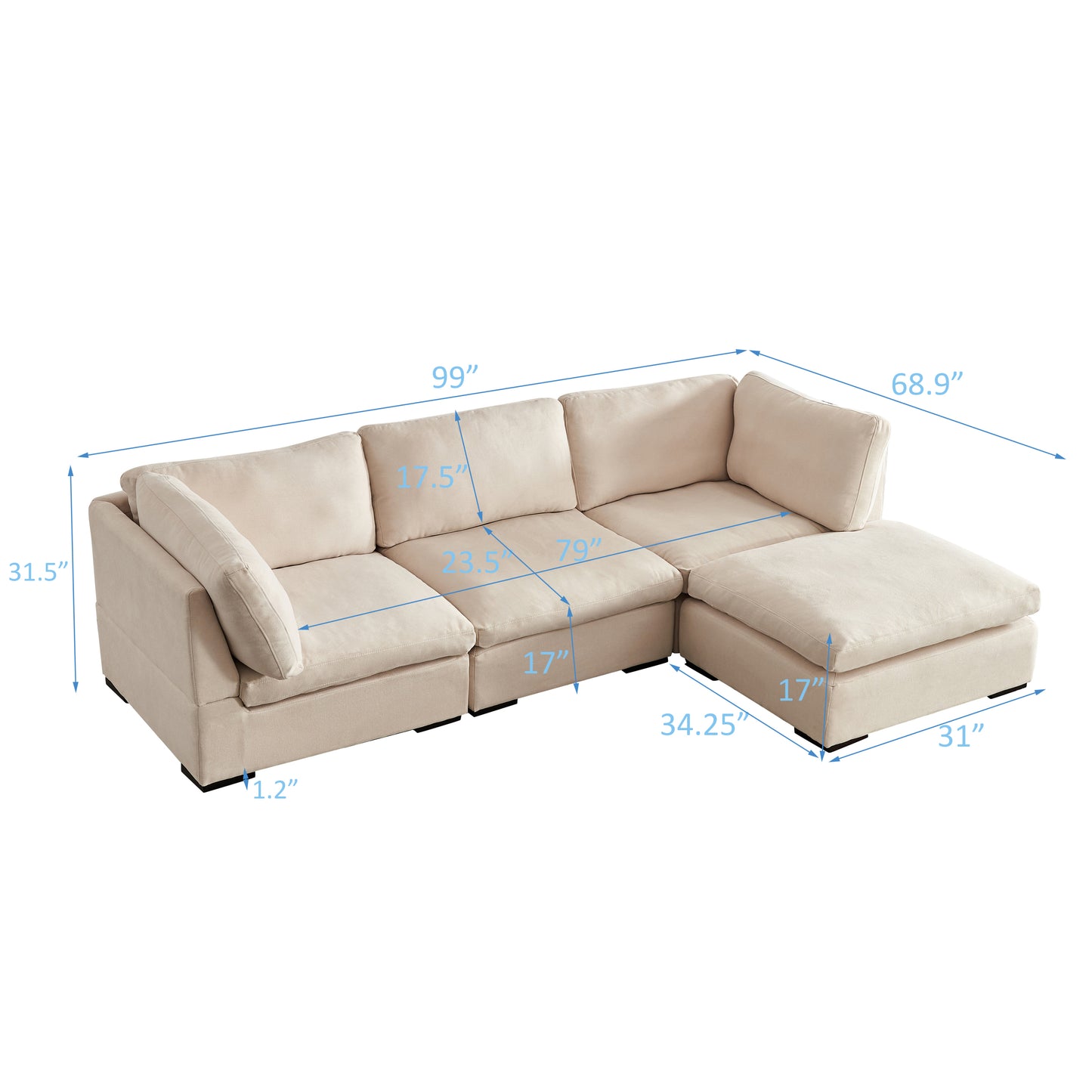 L Shape Modular Soft Fabric Sofa Filled with Down (Beige)