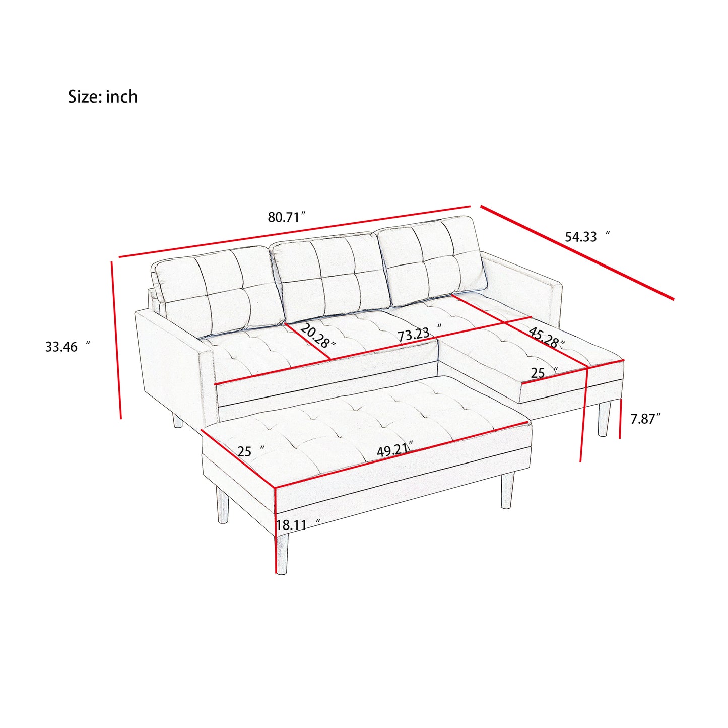 Right Facing L-shape Sofa Chaise Lounge with Ottoman Bench