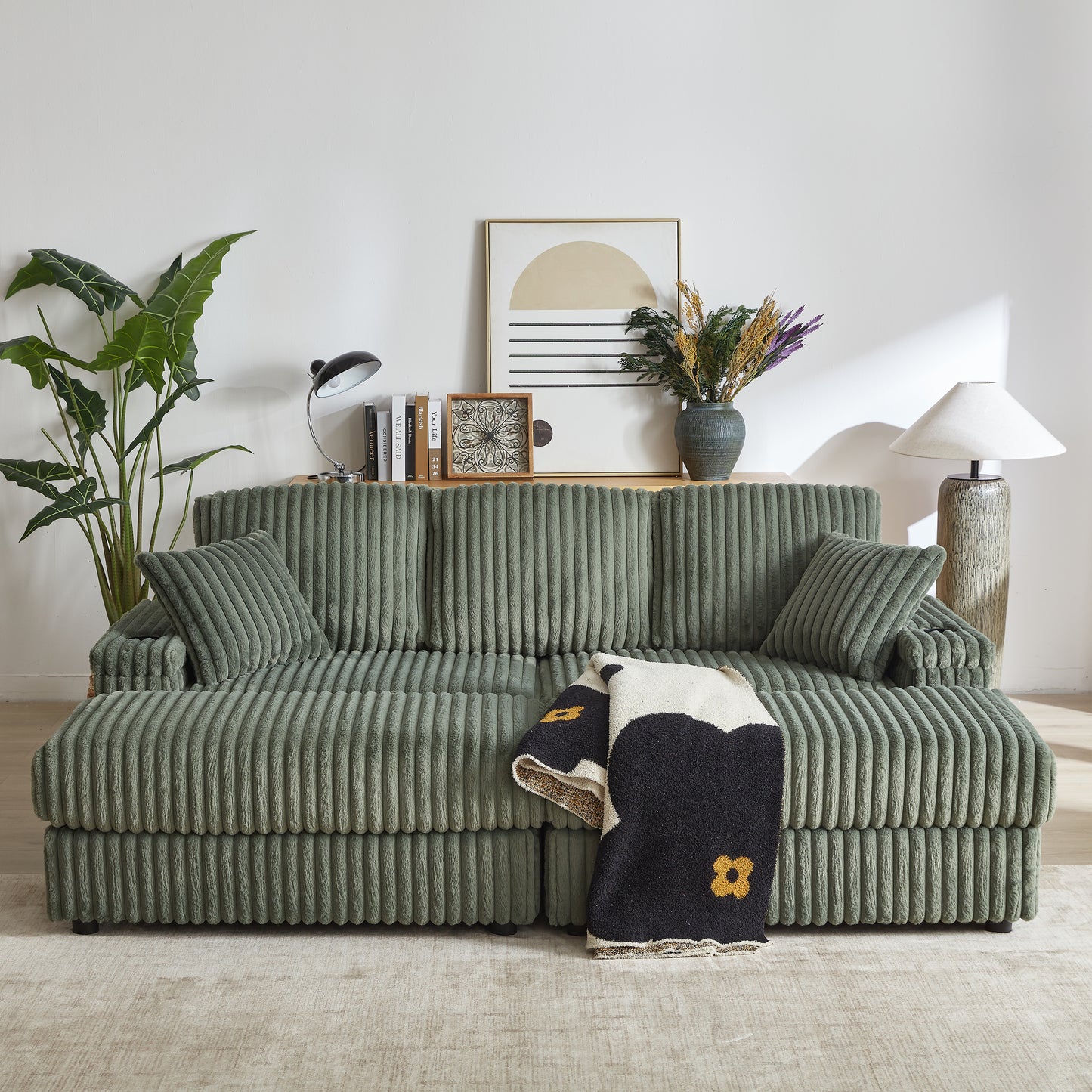 Corduroy 3-Seater Sofa With A Ottoman, 2 Storage  & Cup Holder