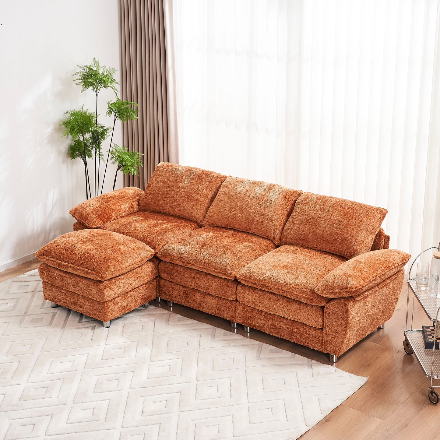 Modern Deep 3-Seat Sofa Couch with Ottoman, Upholstered