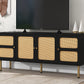 ON-TREND Boho style TV Stand with Rattan Door, Woven Media Console Table for TVs Up to 70'', Country Style Design Side Board with Gold Metal Base for Living Room, Black.