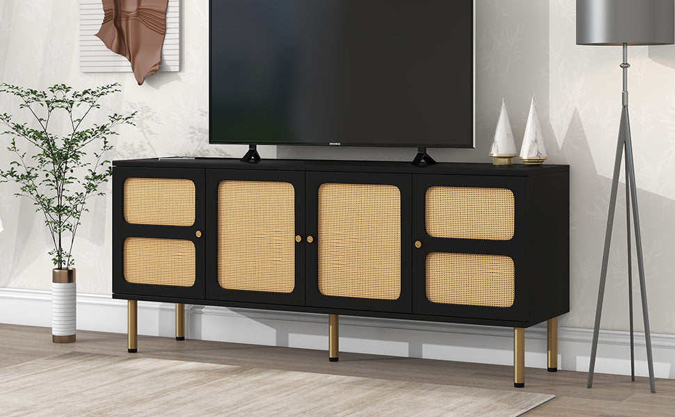 ON-TREND Boho style TV Stand with Rattan Door, Woven Media Console Table for TVs Up to 70'', Country Style Design Side Board with Gold Metal Base for Living Room, Black.