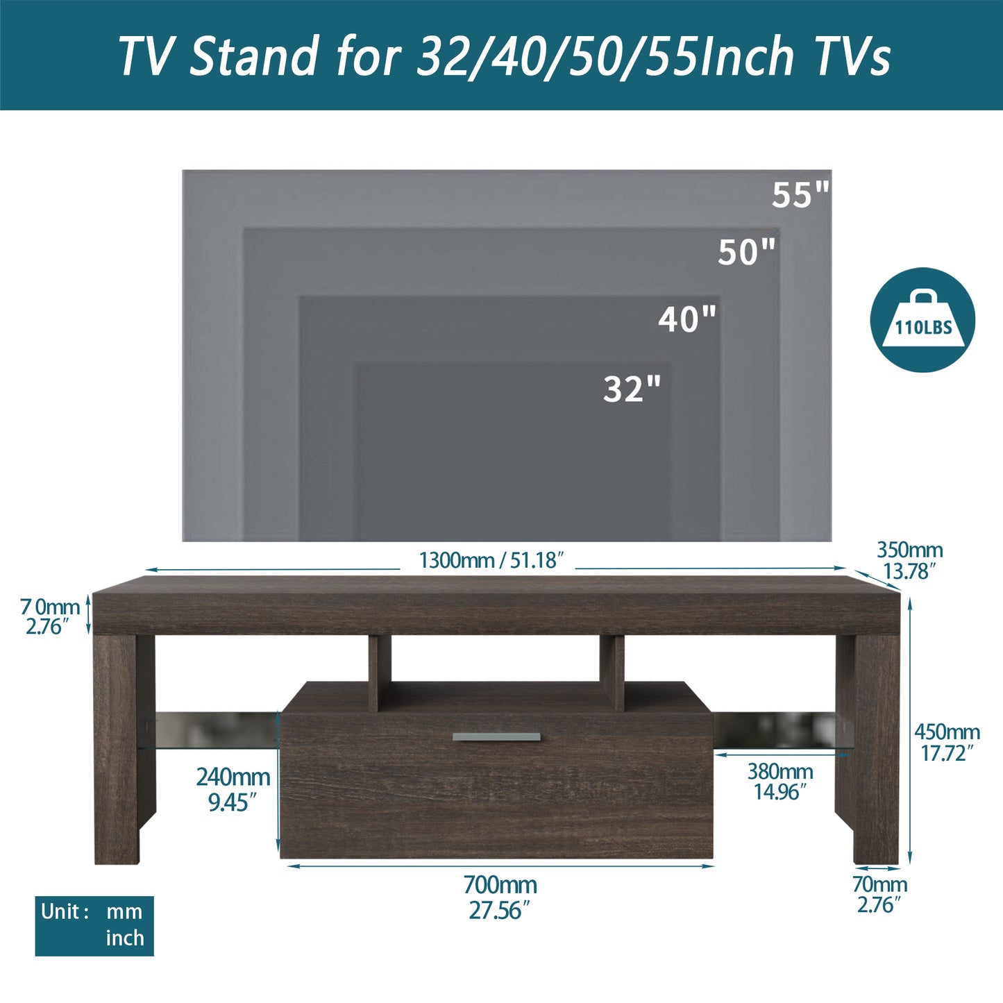 Modern Brown TV Stand with LED Lights, Tempered Glass Shelf & Stylish Design For up to 55" TV's