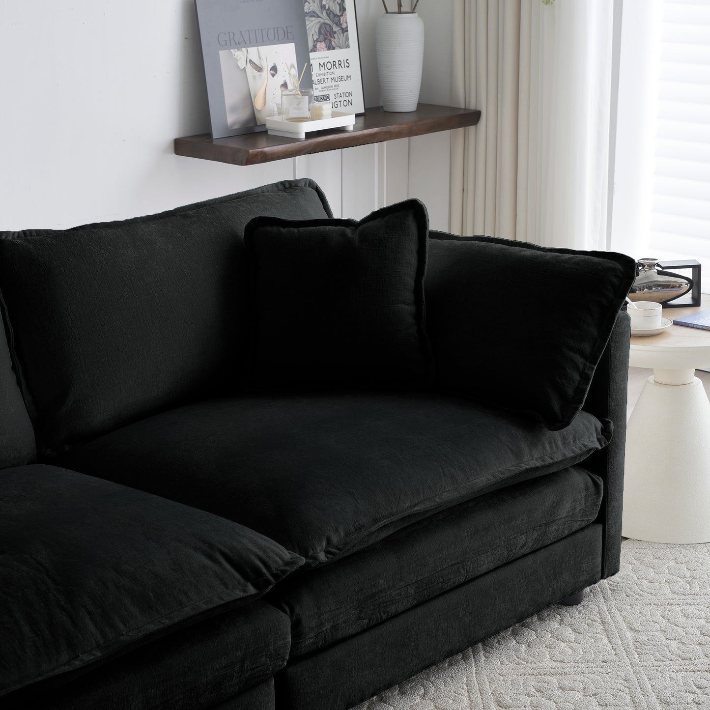 Mid-Century Modern Couch 3-Seater Sofa with 2 Armrest Pillows and 3 Toss Pillows, Couch for Living Room Black Chenille