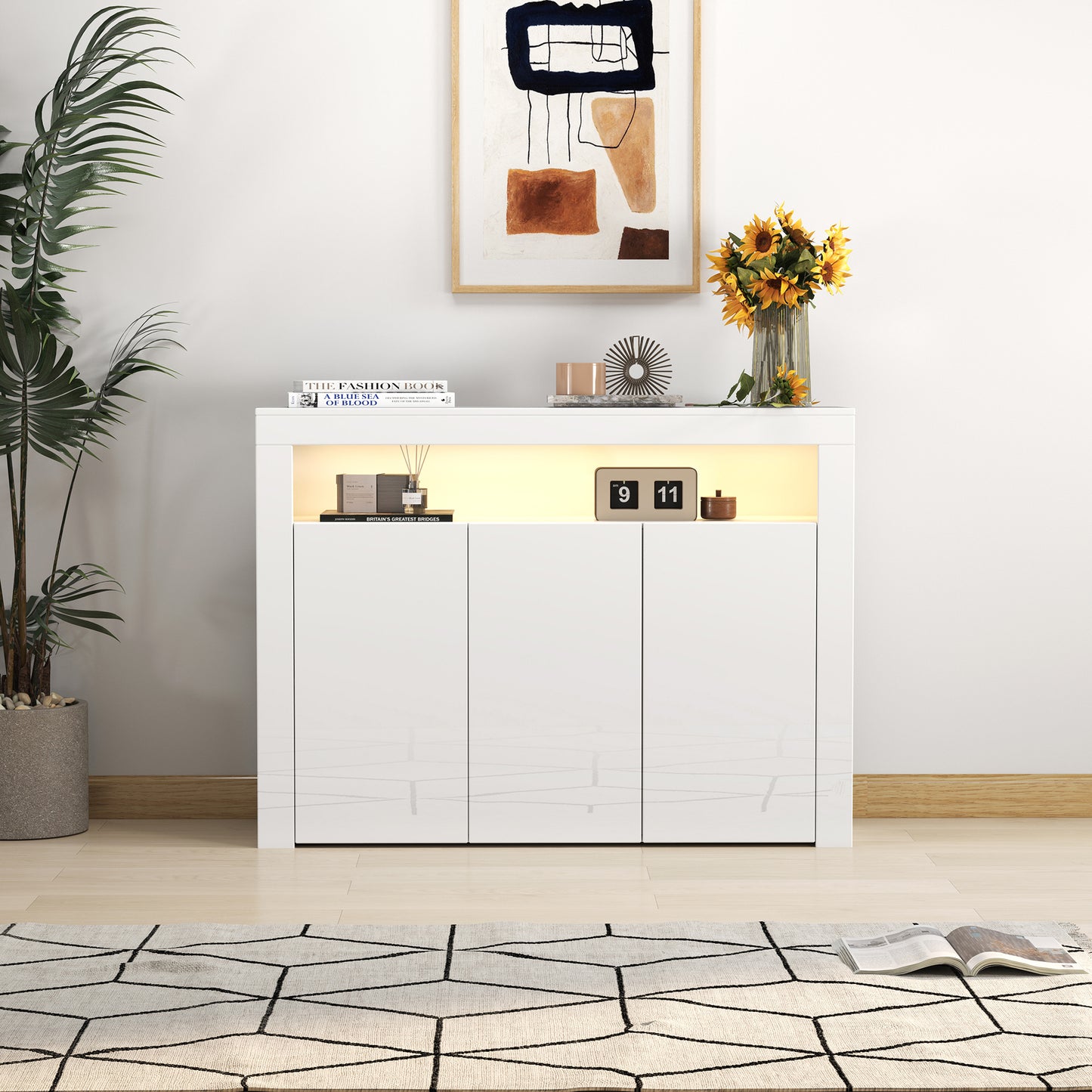 Sideboard Storage Cabinet with Muti- Colored LED Light & 3- Doors