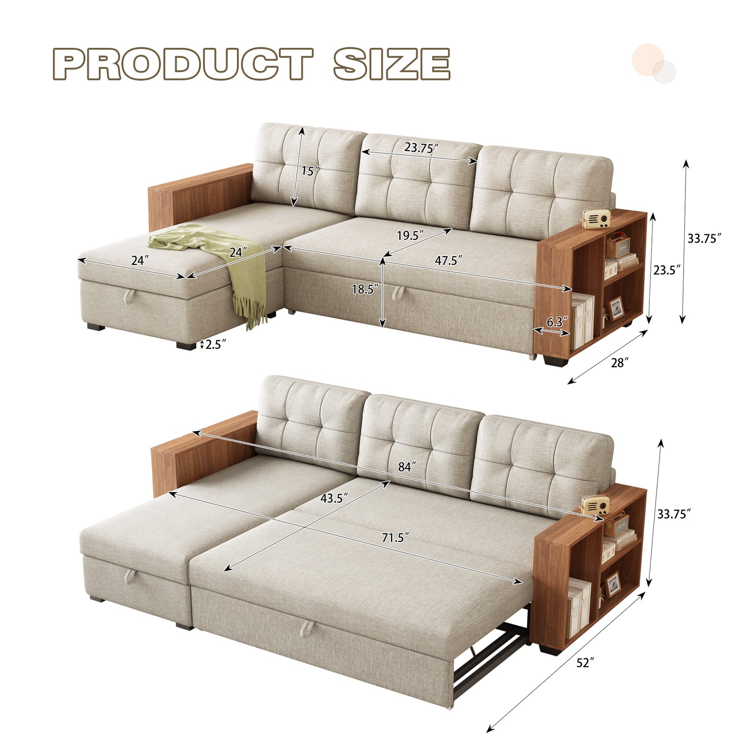 Upholstered Pull Out Sectional Sofa with Storage Chaise