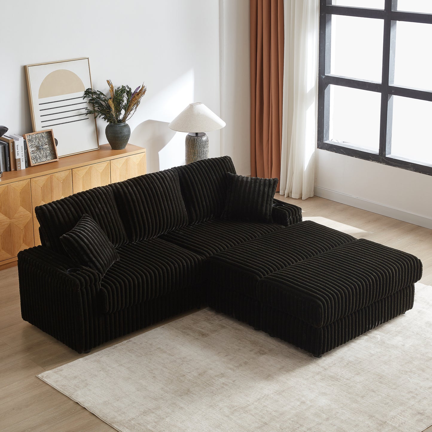 Corduroy 3-Seater Sofa With A Ottoman, 2 Storage & Cup Holder