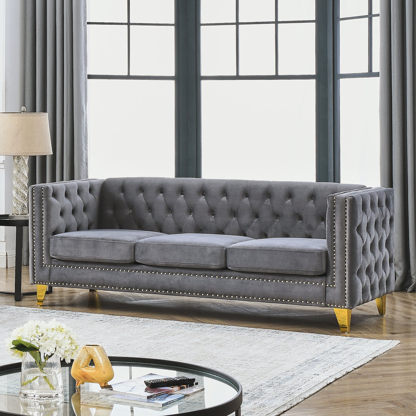 Velvet Tufted Square Arm Couch with Metal Legs - 2pcs