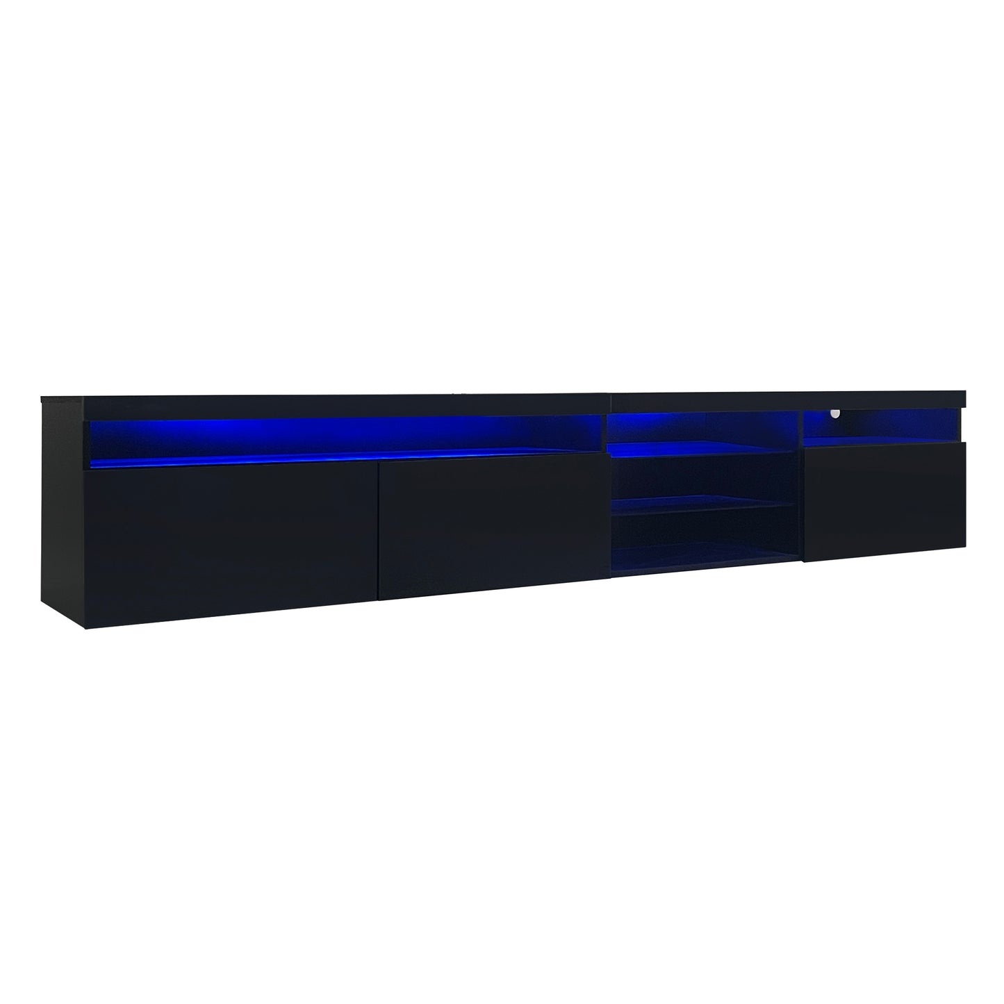 ON-TREND Unique Design TV Stand with 2 Glass Shelves, Ample Storage Space Media Console for TVs Up to 105", Versatile TV Cabinet with LED Color Changing Lights for Living Room, Black