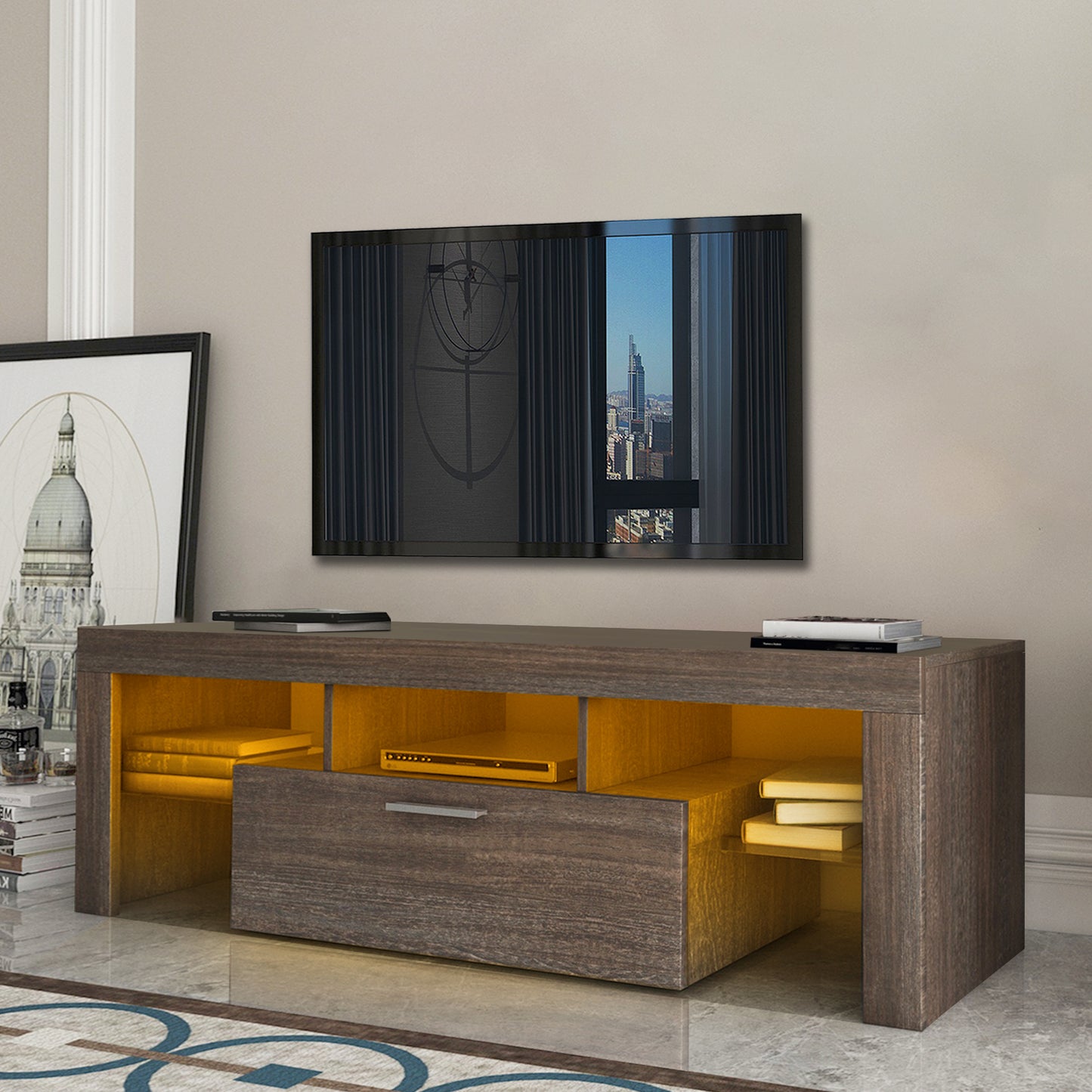 Modern Brown TV Stand with LED Lights, Tempered Glass Shelf & Stylish Design For up to 55" TV's