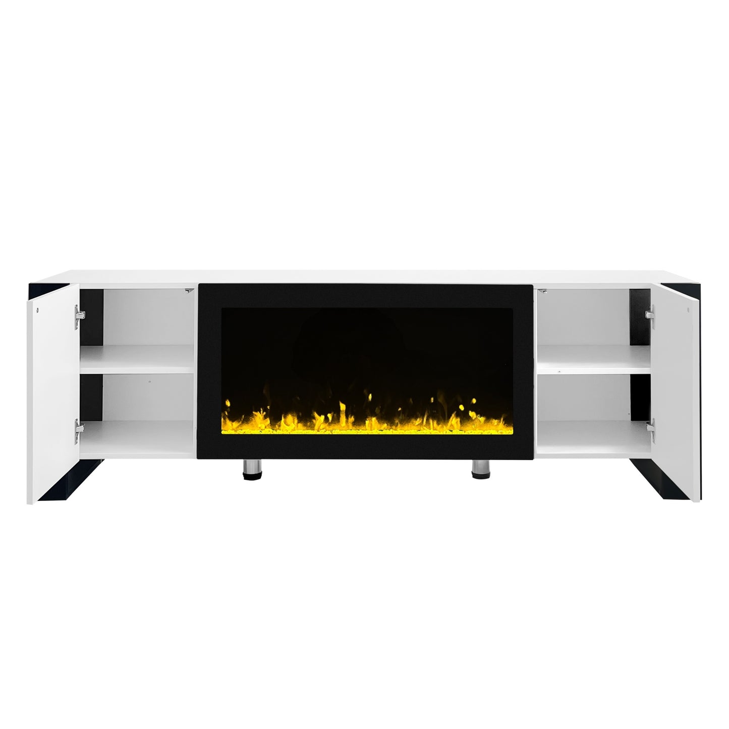 ON-TREND Modern TV Stand with 34.2" Non-heating Electric Fireplace, High Gloss Entertainment Center with 2 Cabinets, Media Console for TVs up to 78", White