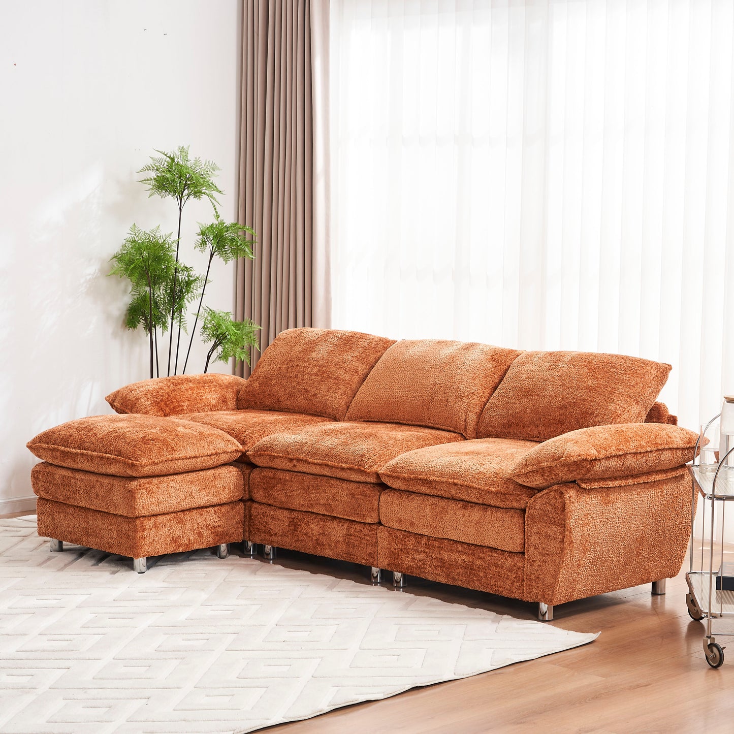 Modern Deep 3-Seat Sofa Couch with Ottoman, Upholstered