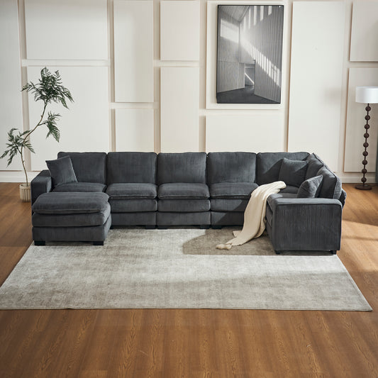 L Shaped 6-Seater Modular Corduroy Sectional Sofa with Ottoman