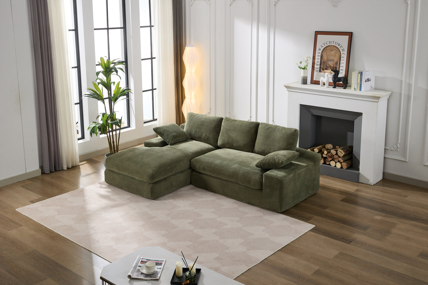 Corduroy Modular L-Shaped Sectional, Army Green