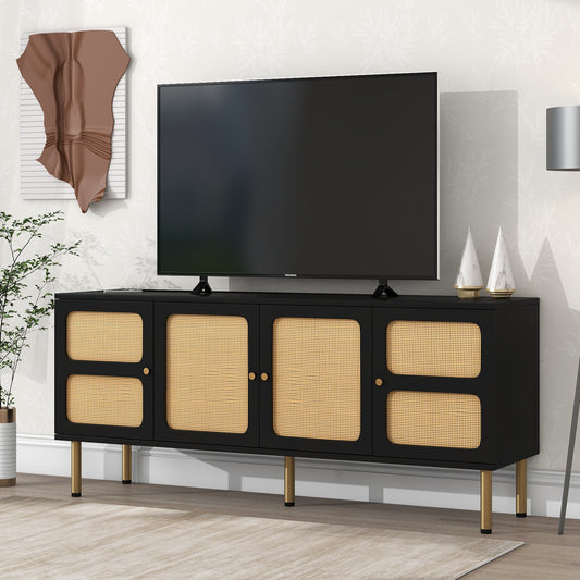 ON-TREND Boho style TV Stand with Rattan Door, Woven Media Console Table for TVs Up to 70'', Country Style Design Side Board with Gold Metal Base for Living Room, Black.