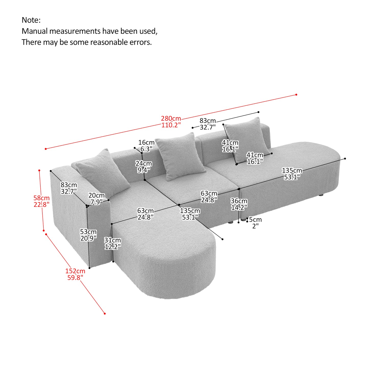 Modern  L shape boucle Sofa with curved seat (facing left)