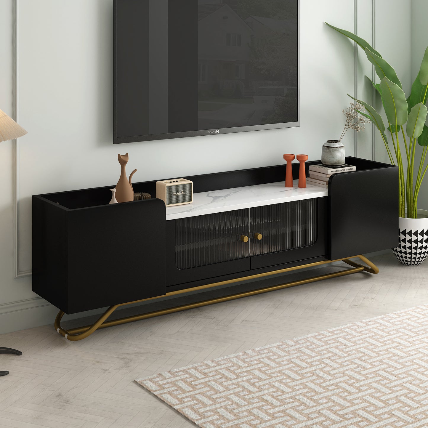 ON-TREND Sleek Design TV Stand with Fluted Glass, Contemporary Entertainment Center for TVs Up to 70", Faux Marble Top TV Console Table with Gold Frame Base, Black