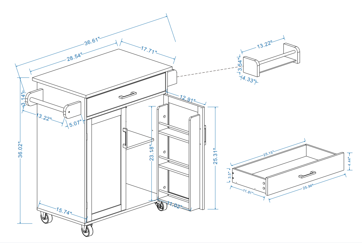 Kitchen island rolling trolley cart with 1 drawer & 2 doors with storage racks & Adjustable Shelves & towel rack & seasoning rack rubber wood table top-White