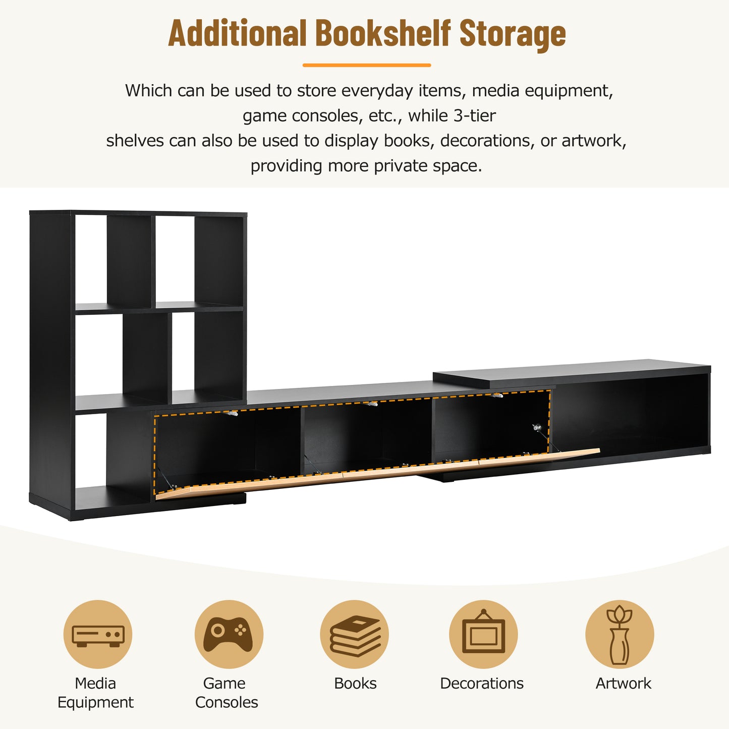 ON-TREND 74.8''-126'' Extendable TV Stand with 3 Tier Bookshelves for TVs up to 110'', Adjustable Entertainment Center with Storage Cabinets, Sliding Tabletop Media Console for Living Room, Black