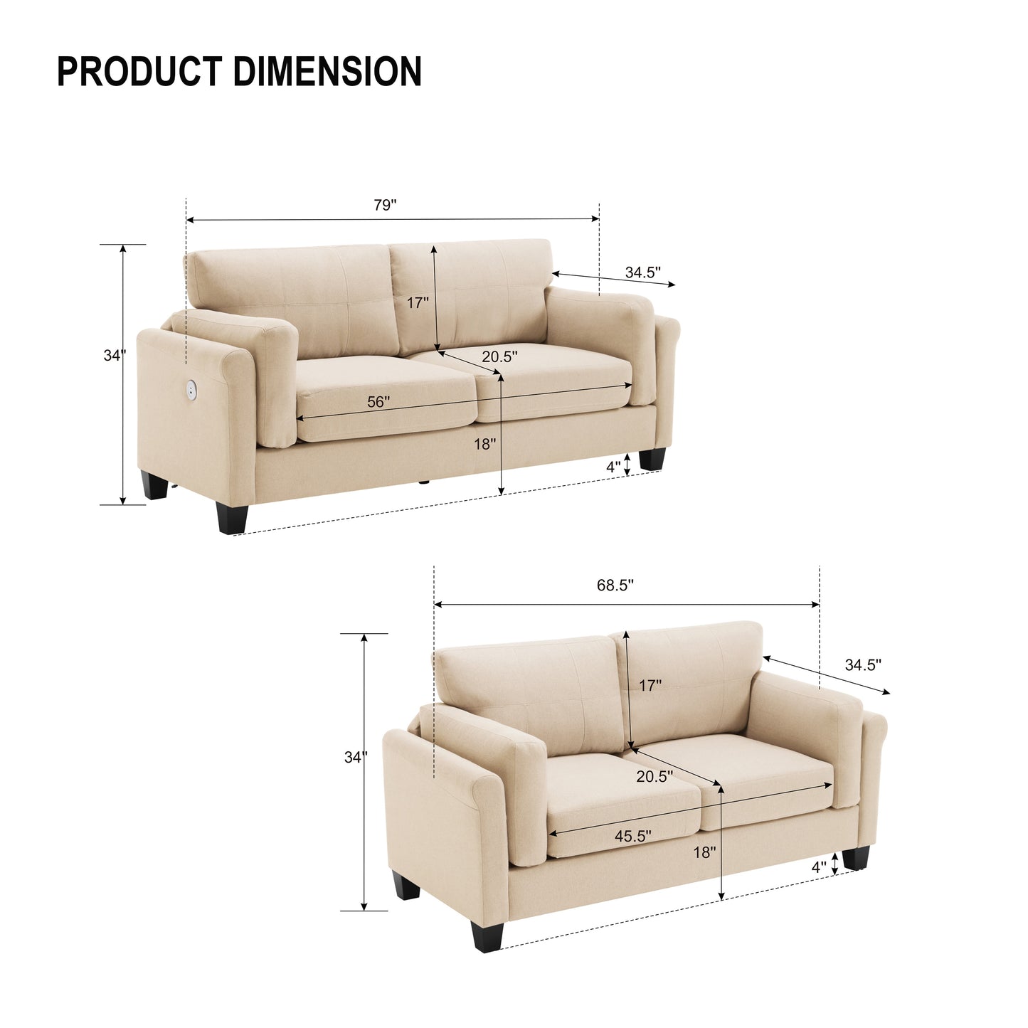 Oversized Modern 2-Piece Sofa Set Couch and Loveseat