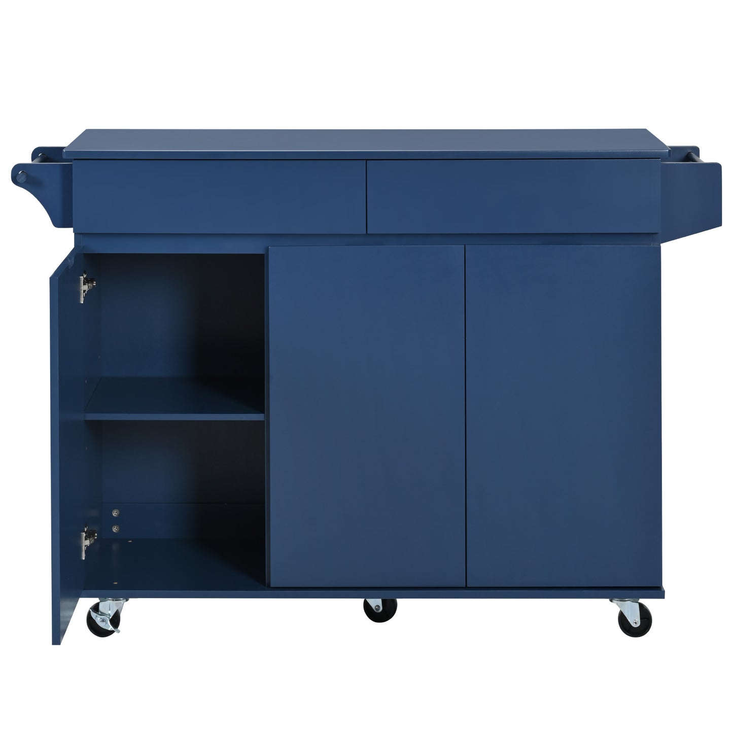 K&K 53.2''  Kitchen Island with Drop Leaf, Kitchen Storage Cart with Spice Rack, Towel Rack and 2 Drawers, Rolling Kitchen Island on Wheels with Adjustable Shelves for Kitchen, Dining Room, Navy Blue