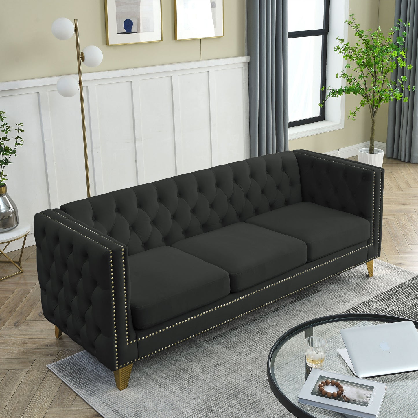 Velvet Tufted Square Arm Couch with Metal Legs - 2PCS