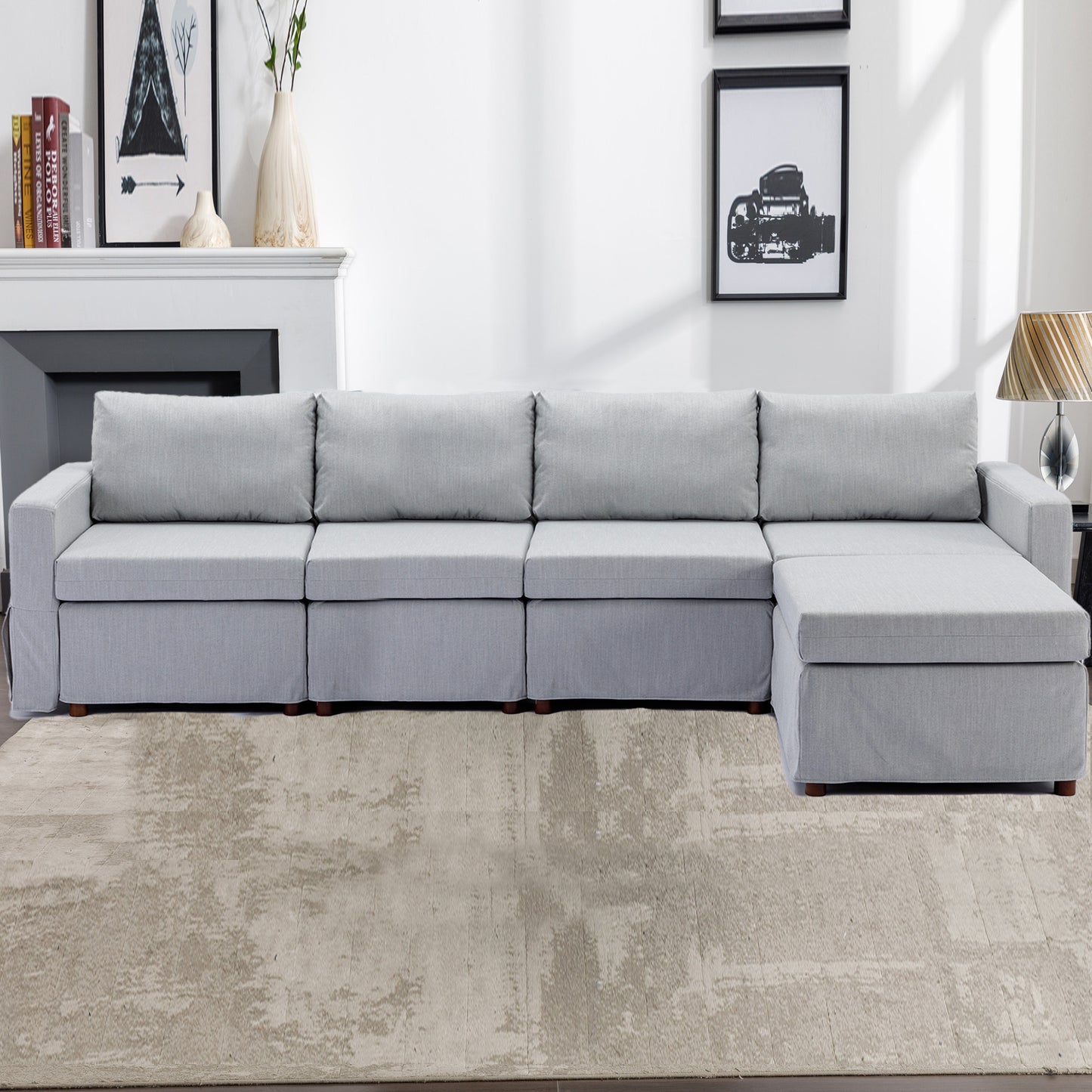 4-Seat Modular Sectional Sofa with Ottoman, Removable Cushions