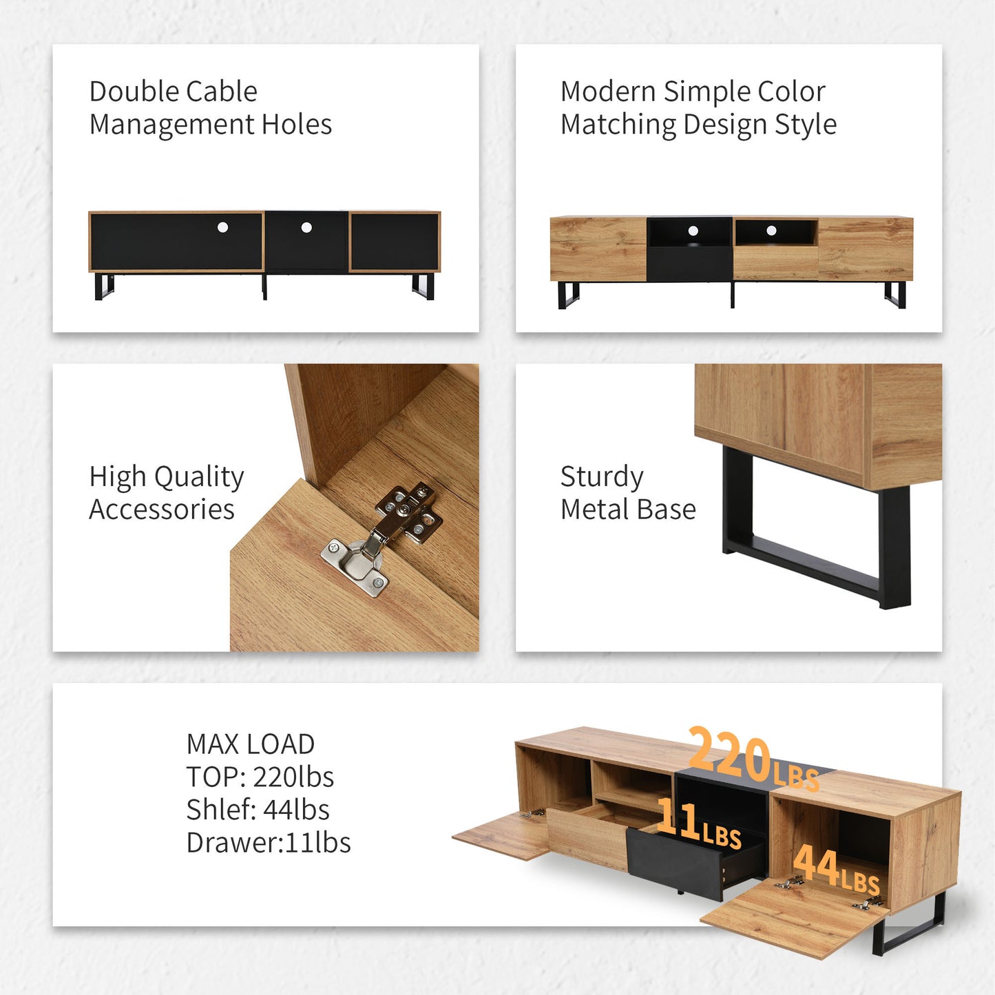 Modern TV Stand with 2 Cabinets & Open Storage Compartment, for TVs up to 85''