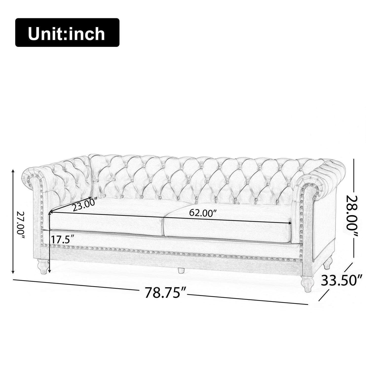 Tufted Leather 3-Seat Sofa with Wooden Legs