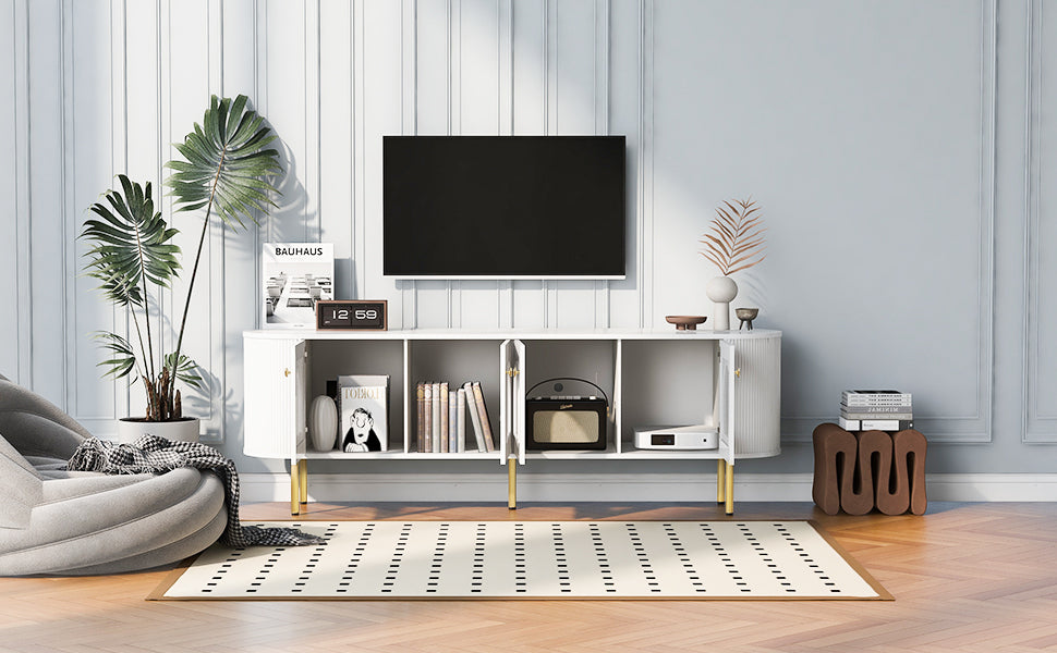 U-Can Modern TV Stand for TVs up to 80 Inches, Entertainment Center with 4 Cabinets, Wood Media Console with Metal Legs and Handles for Living room, White