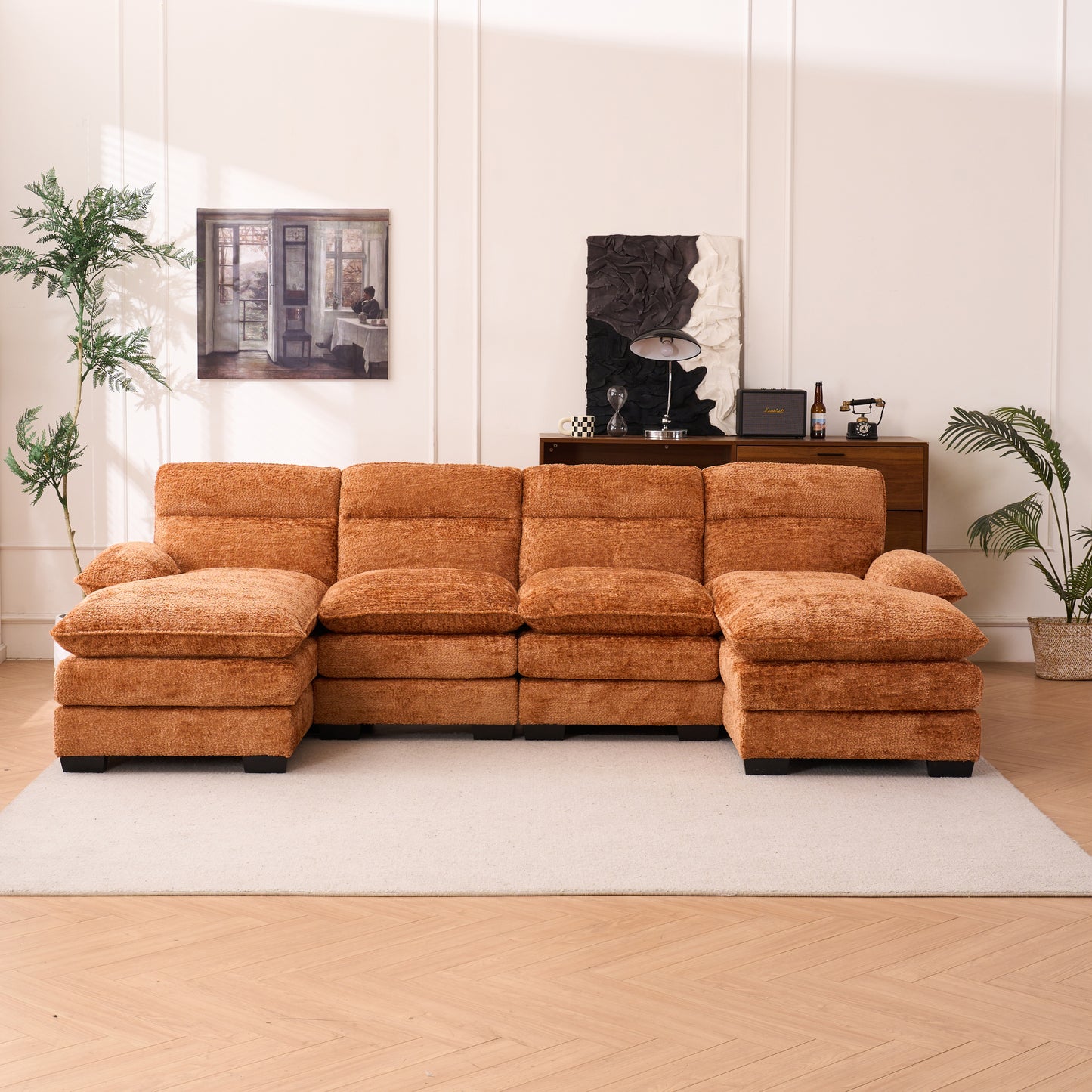 U-shaped profile sofa, including two single seats and two chaise, modular sofa, Chenille sofa,Orange