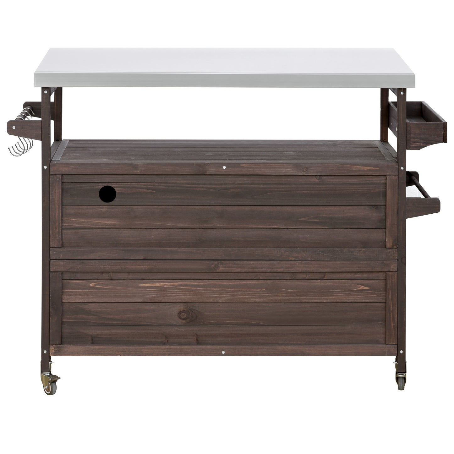 K&K Outdoor Kitchen Island, Rolling Bar Cart & Storage Cabinet, Farmhouse Solid Wood Outdoor Grill Table with Stainless Steel Top, Spice Rack , Towel Rack for Kitchen & Barbecue , Dark Brown