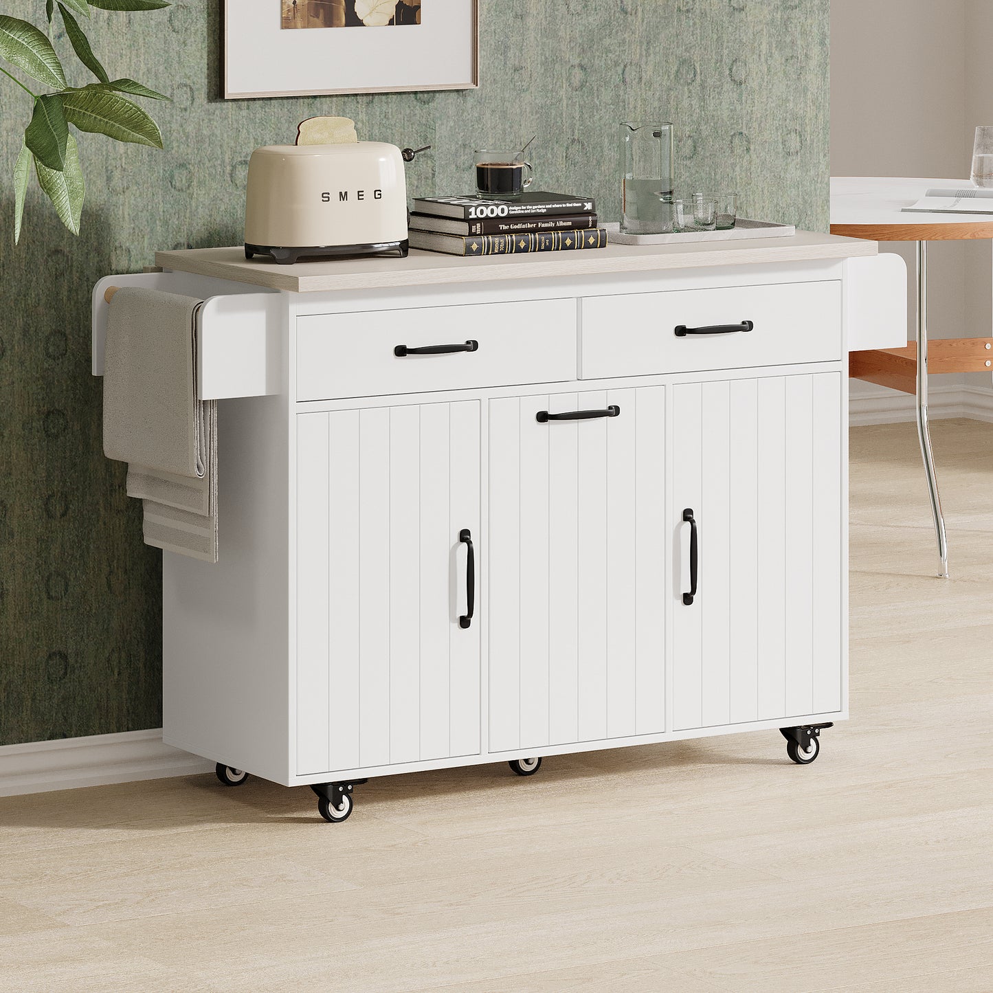 K&K Kitchen Island with Trash Can Storage Cabinet, Kitchen Cart with Drop Leaf, Spice Rack, Towel Rack and Drawer, Rolling Kitchen Island on Wheels with Adjustable Shelf, White