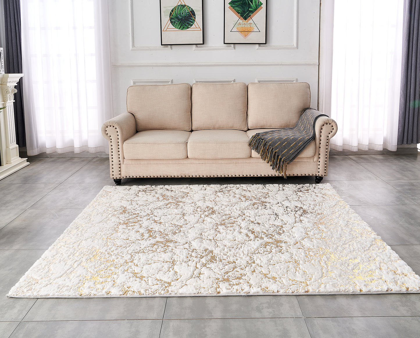 Luxury Machine Washable White Abstract Gold-Gilded Chinchilla Faux Fur Area Rug